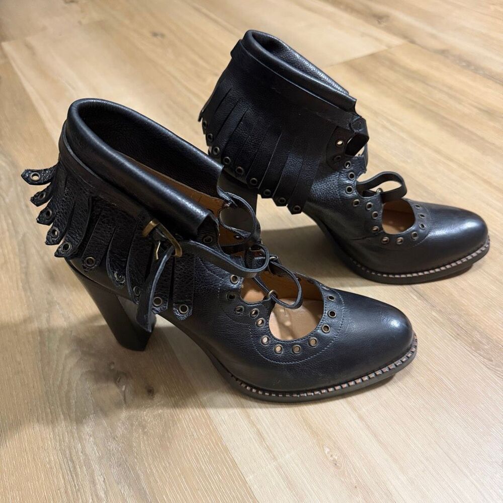 Sartore Paris Hand Made Leather Boots Fringe Sz 37 Black Boho Chic Steampunk